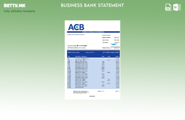 Модерен стил Извод на цврста сметка на ACB Bank Шаблон Word и PDF